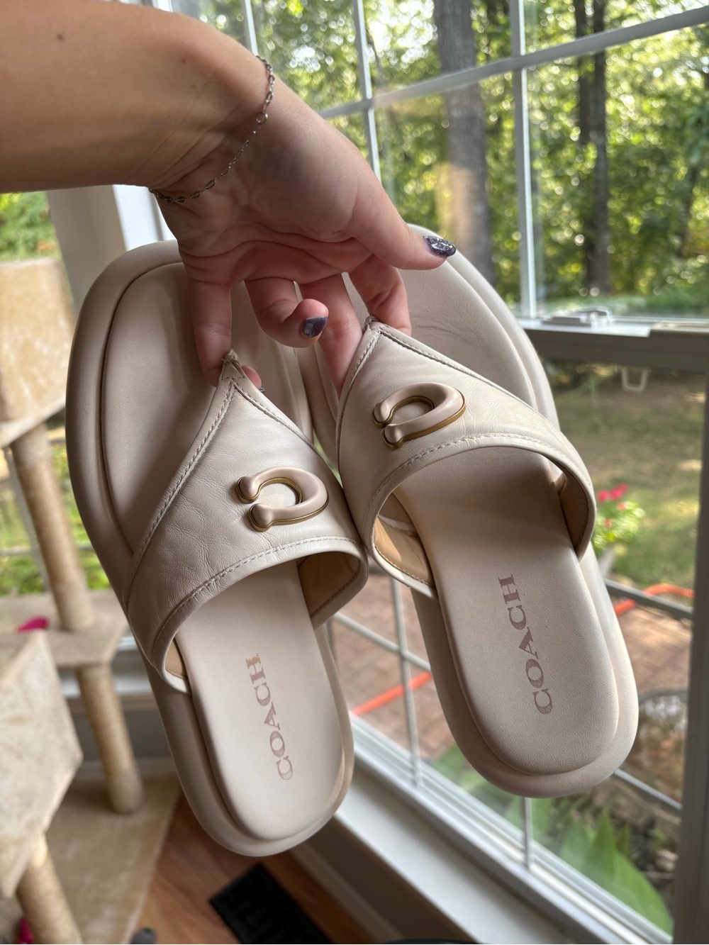 Coach Cream Leather Slide Sandals with Gold Hardware